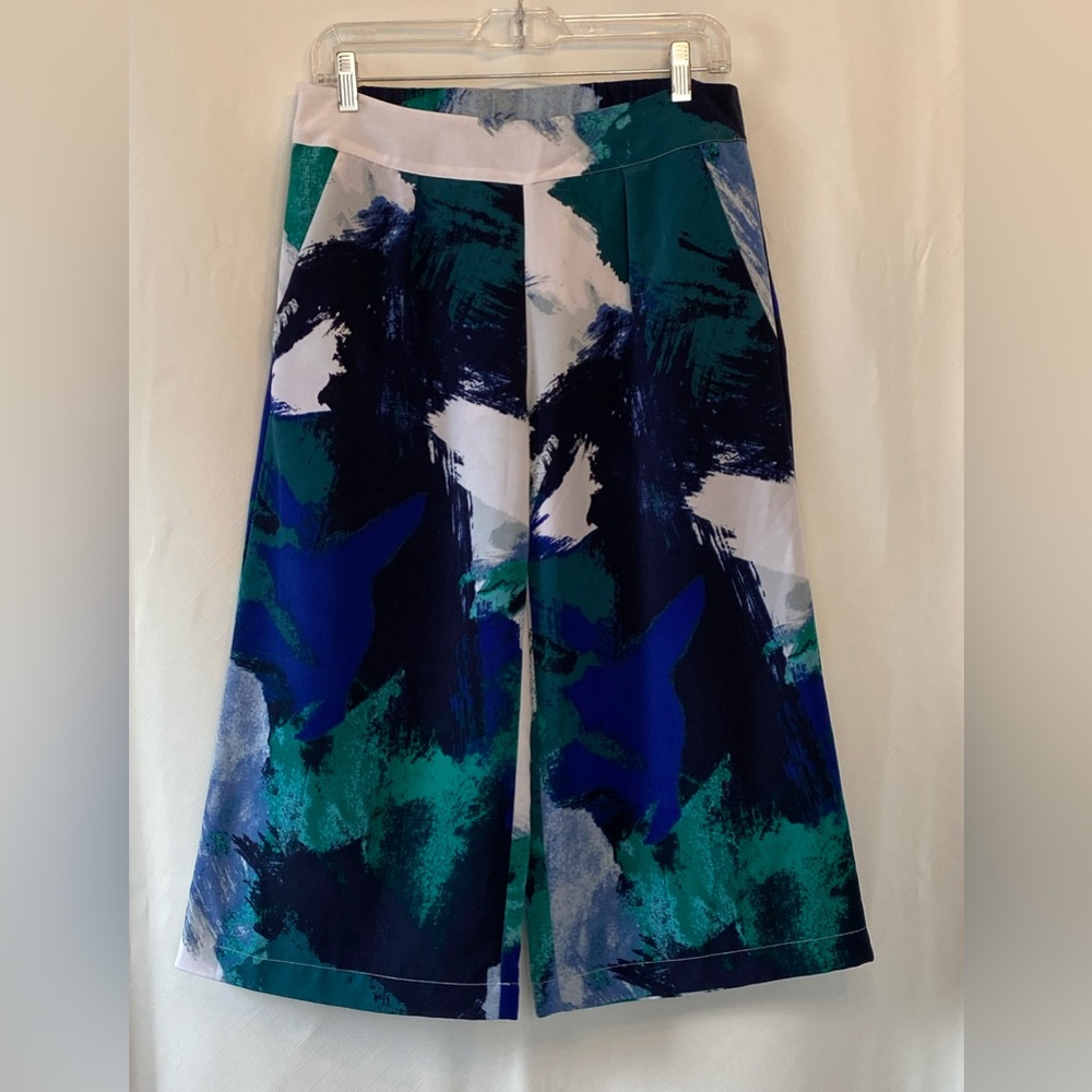 H by Halston Womens Pull On Wide Leg Culottes Medium Abstract Boho Crepe Spring - Picture 2 of 11